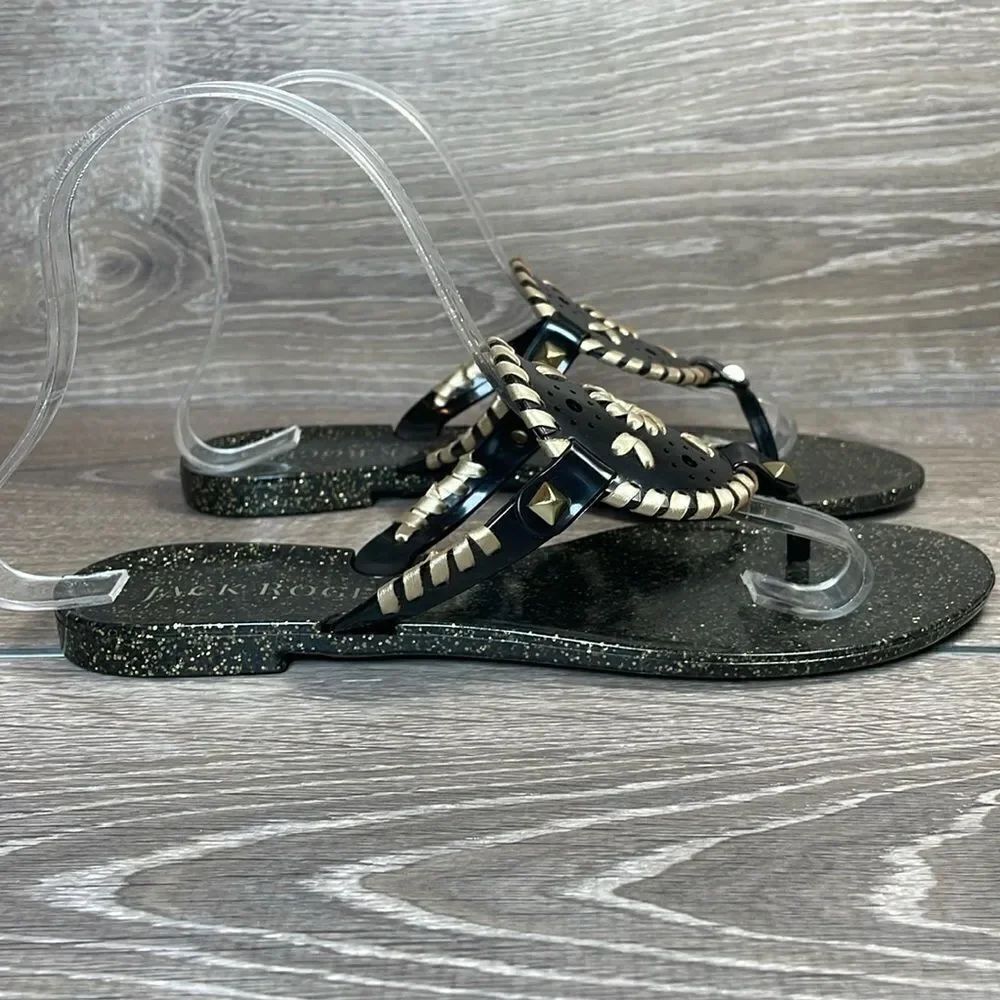 Jack Rogers Georgica Black Gold Jelly Jeweled Women’s Sz 6 Slip On Slide Sandals